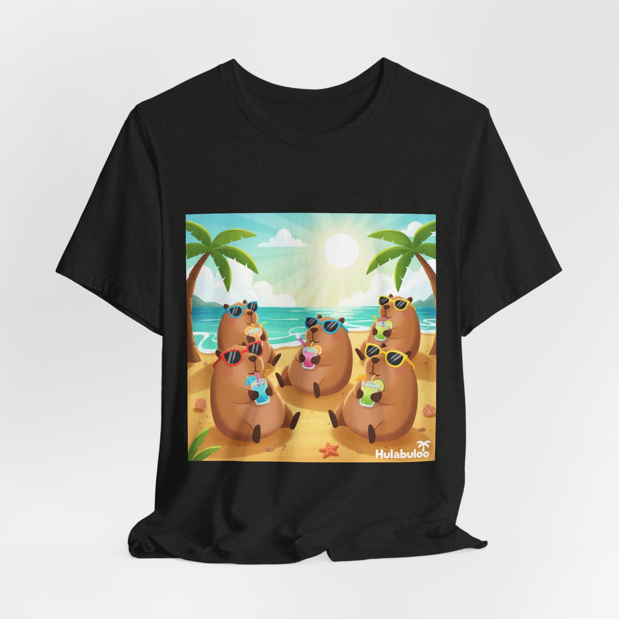 Capybara at the Beach Crew T‑Shirt — Cute Capybaras Sipping Cocktails Summer Tee