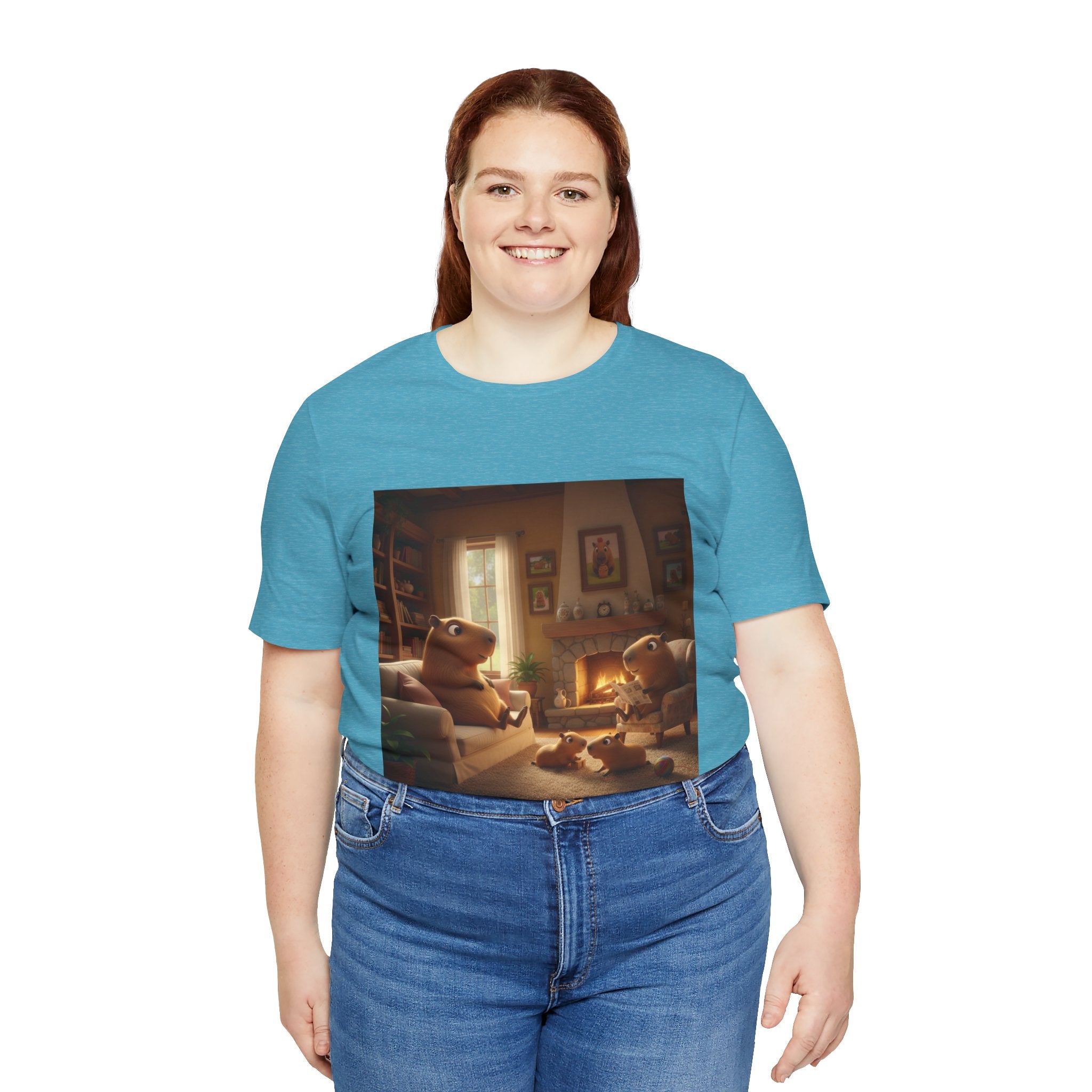 Capybara Family T‑Shirt — Warm Fireplace Family Home Scene Tee