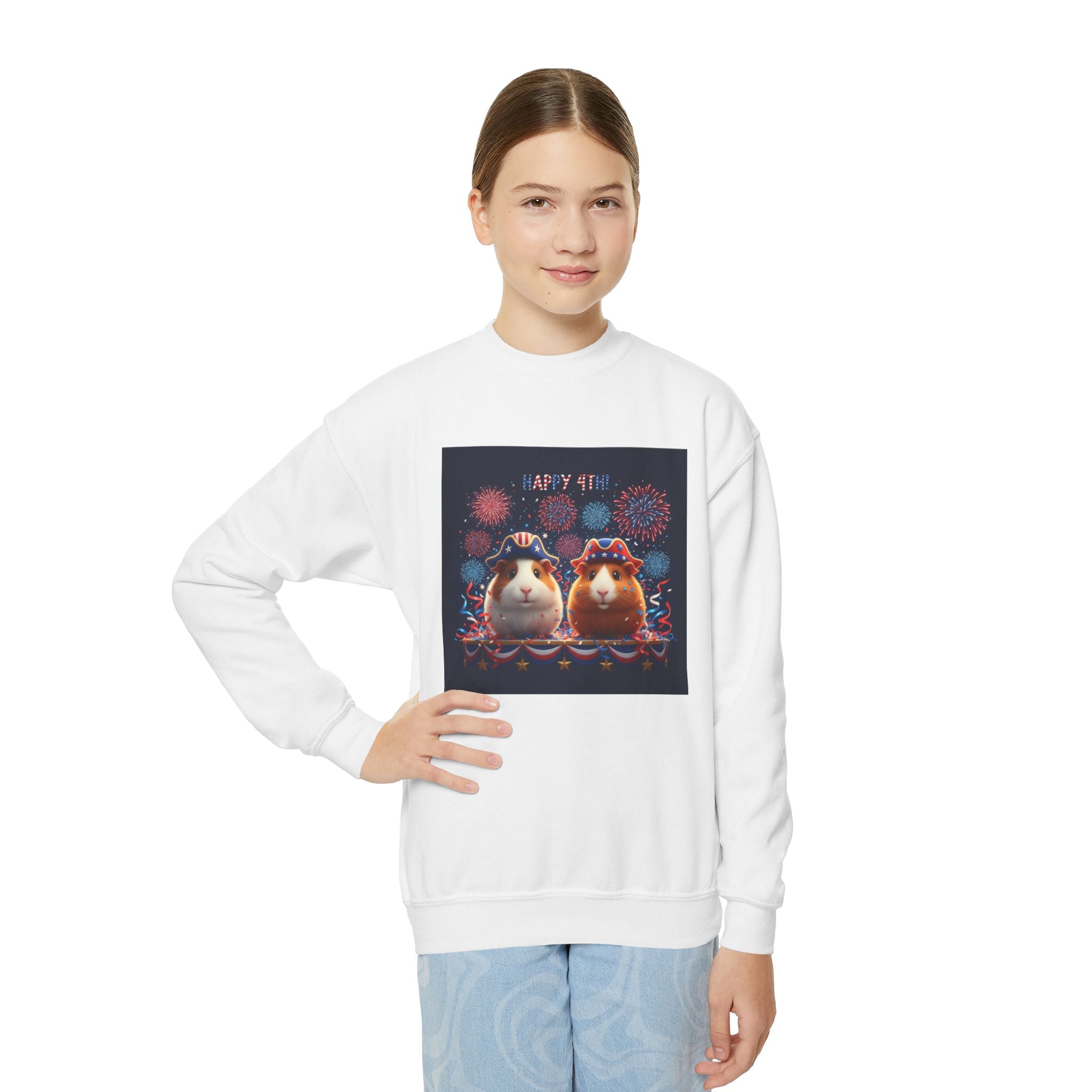 Guinea Pig Youth Sweatshirt — "Happy 4th" Cute Chester And Friend Guinea Pigs with Fireworks Patriotic Crewneck