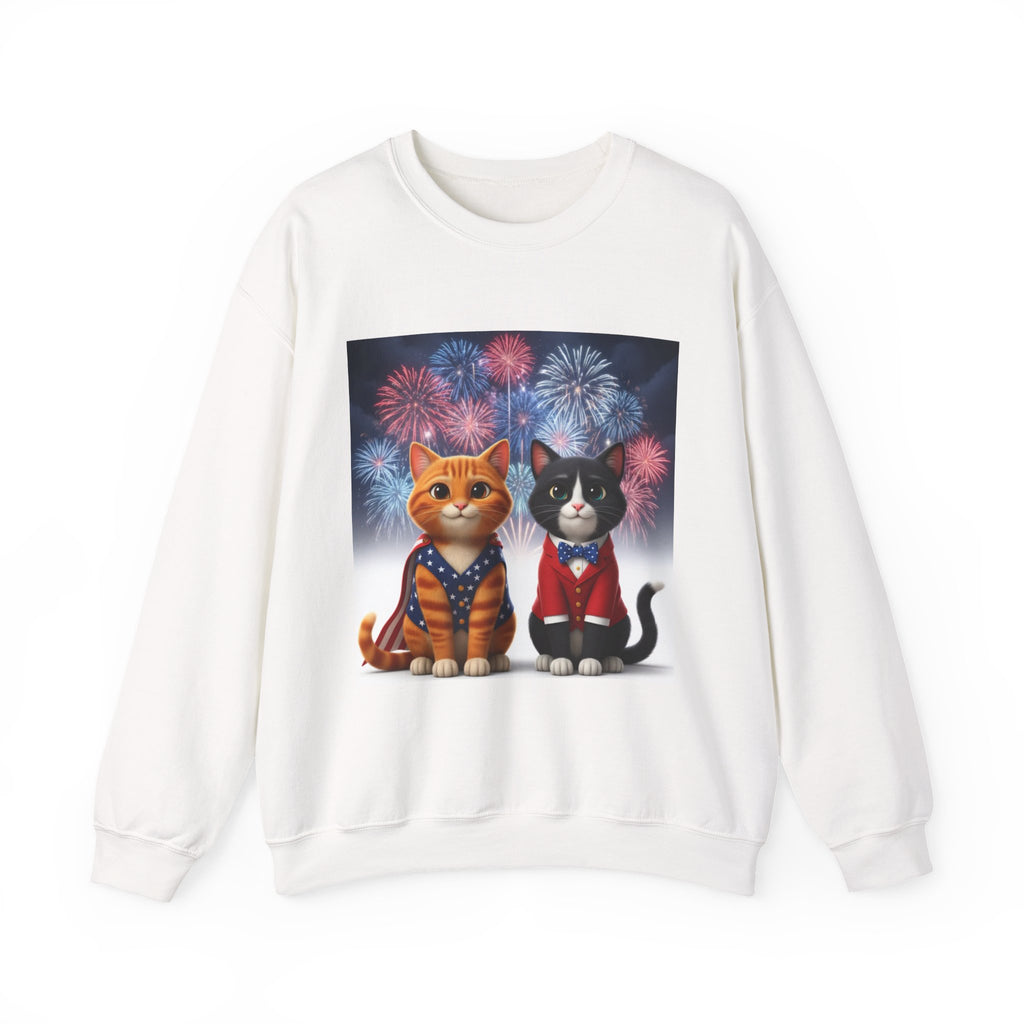 Patriotic Cats Sweatshirt — Two Kittens with Fireworks 4th of July Crewneck