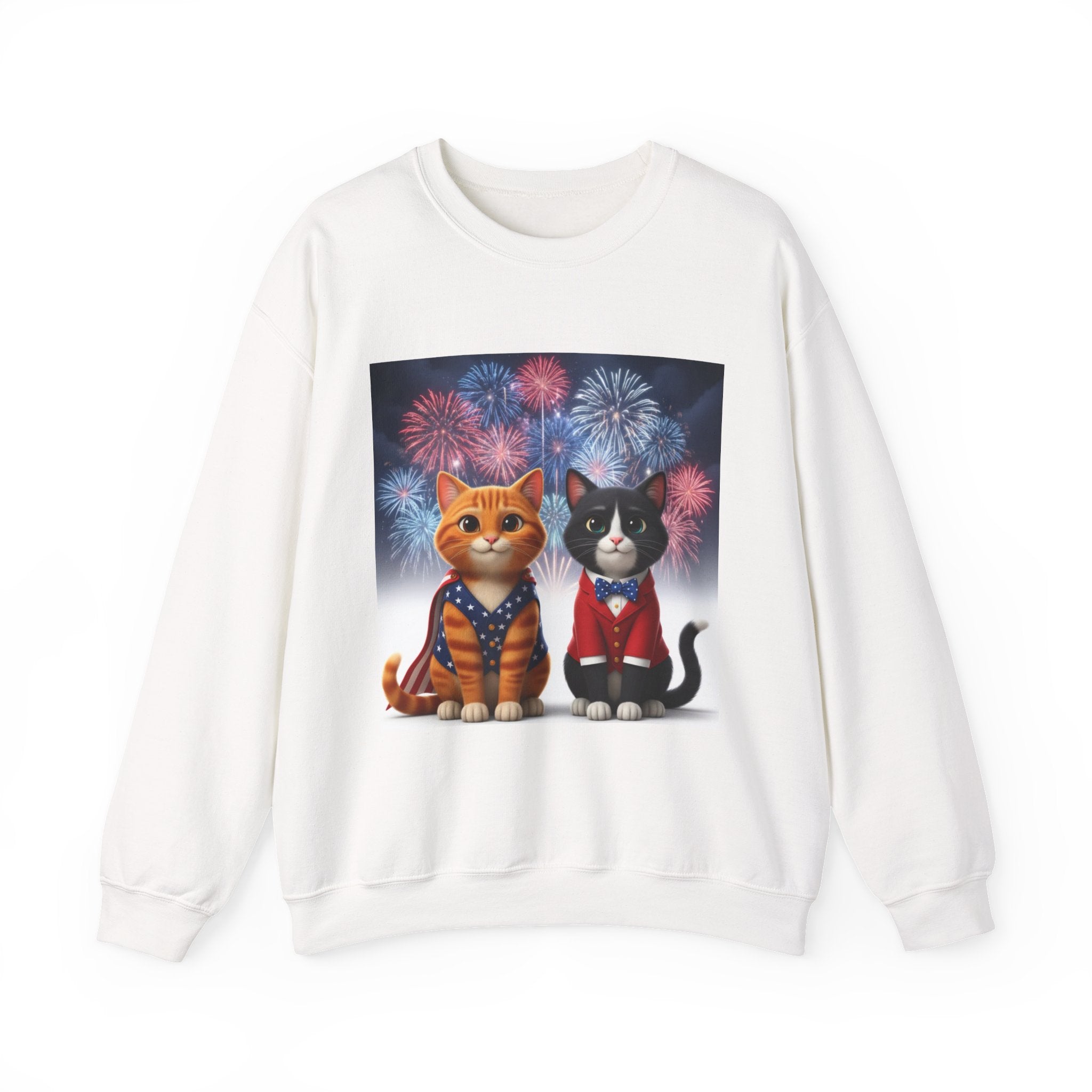 Patriotic Cats Sweatshirt — Two Kittens with Fireworks 4th of July Crewneck