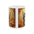Autumn Pumpkin Cat Ceramic Mug — Fall Leaves Coffee Cup