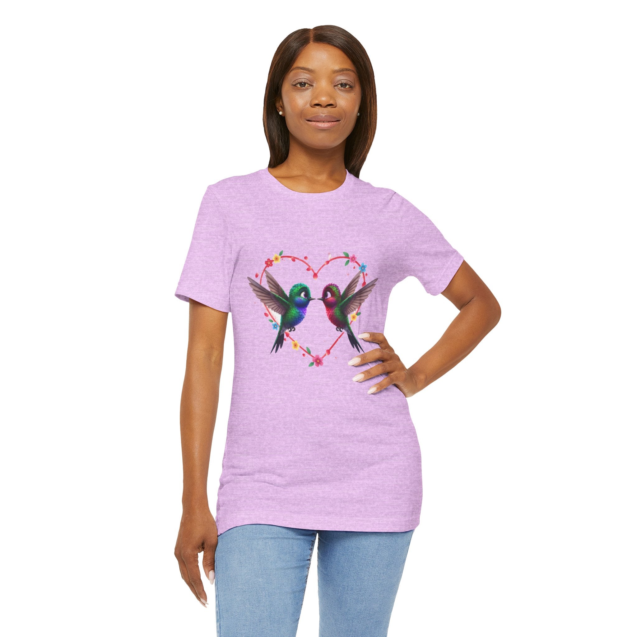 Hummingbird Heart Tee — Colorful Twin Hummingbirds & Floral Heart Graphic