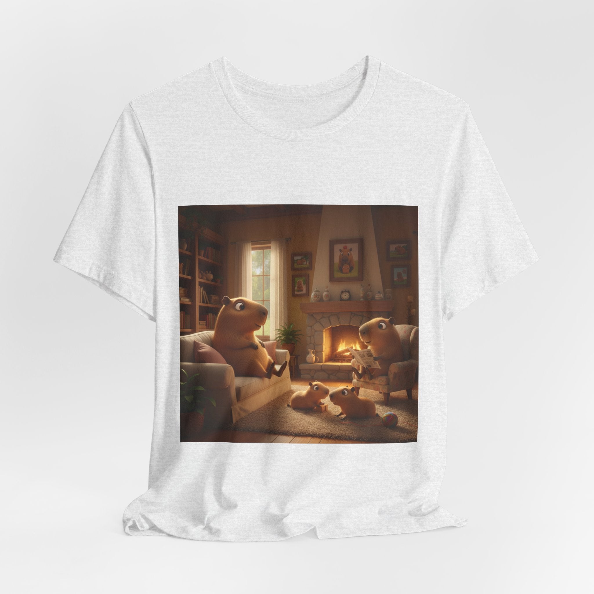 Capybara Family T‑Shirt — Warm Fireplace Family Home Scene Tee