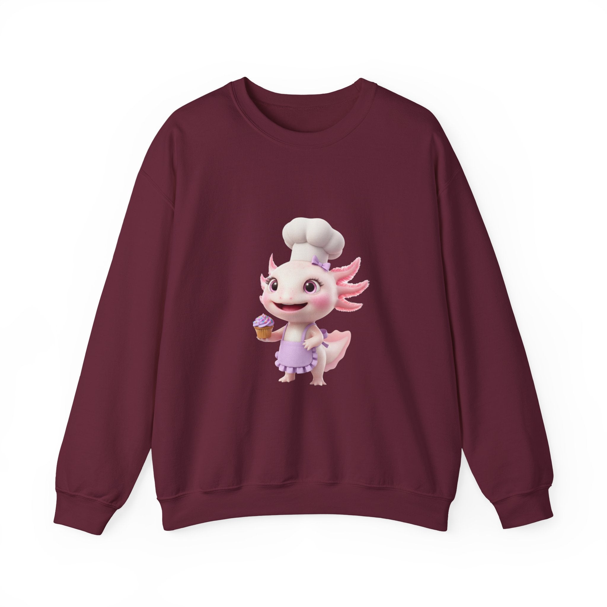 Axolotl Chef Girl Crewneck Sweatshirt — Cute Pink Axolotl Baking Design