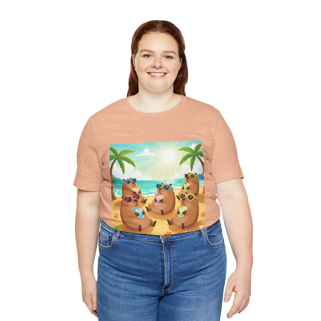 Capybara at the Beach Crew T‑Shirt — Cute Capybaras Sipping Cocktails Summer Tee