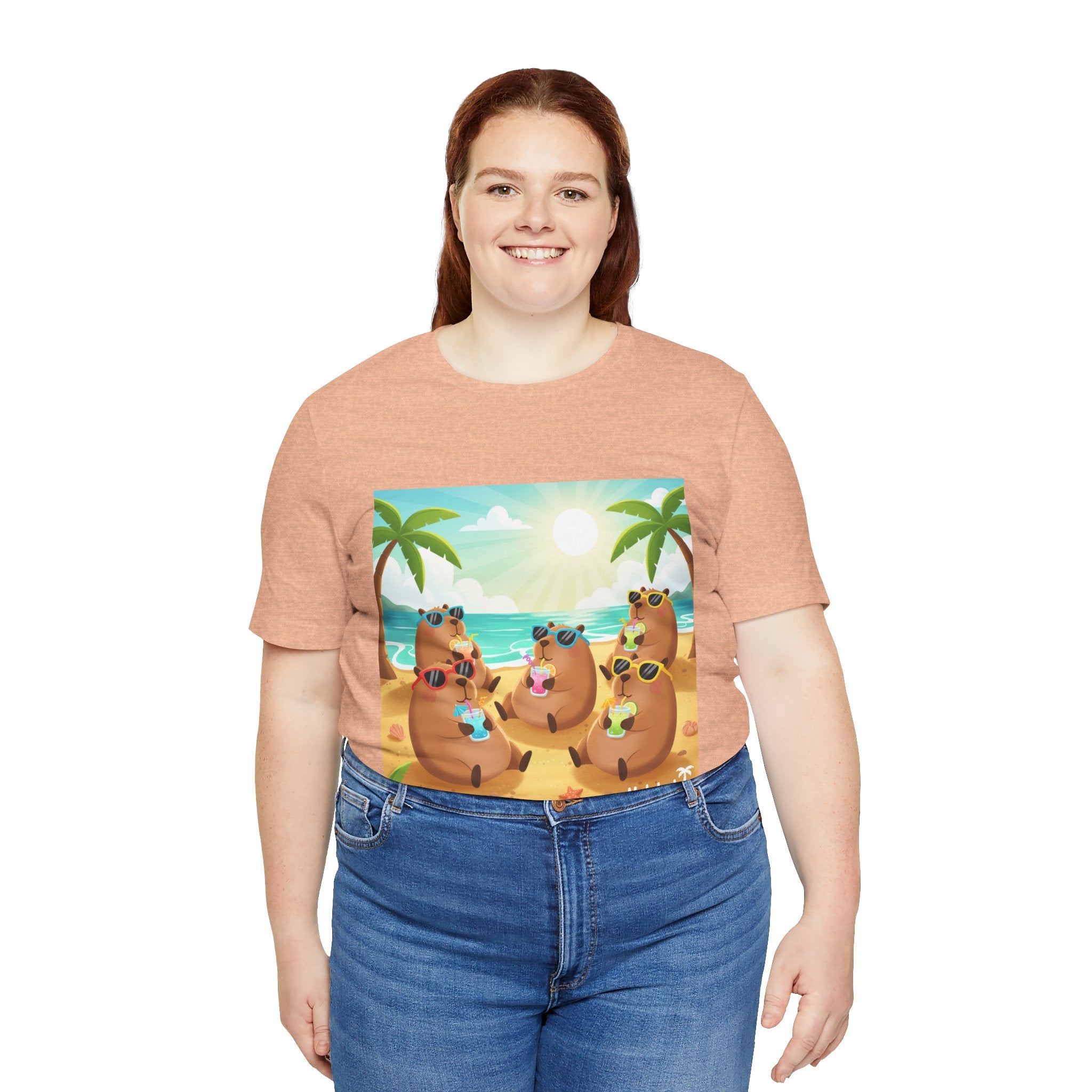 Capybara at the Beach Crew T‑Shirt — Cute Capybaras Sipping Cocktails Summer Tee
