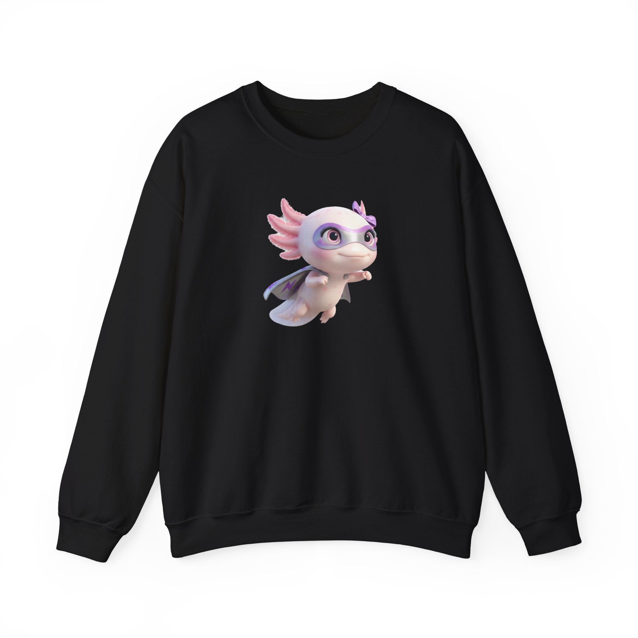 Axolotl Superhero Girl Flying Crewneck Sweatshirt — Cute Pastel Axolotl Design