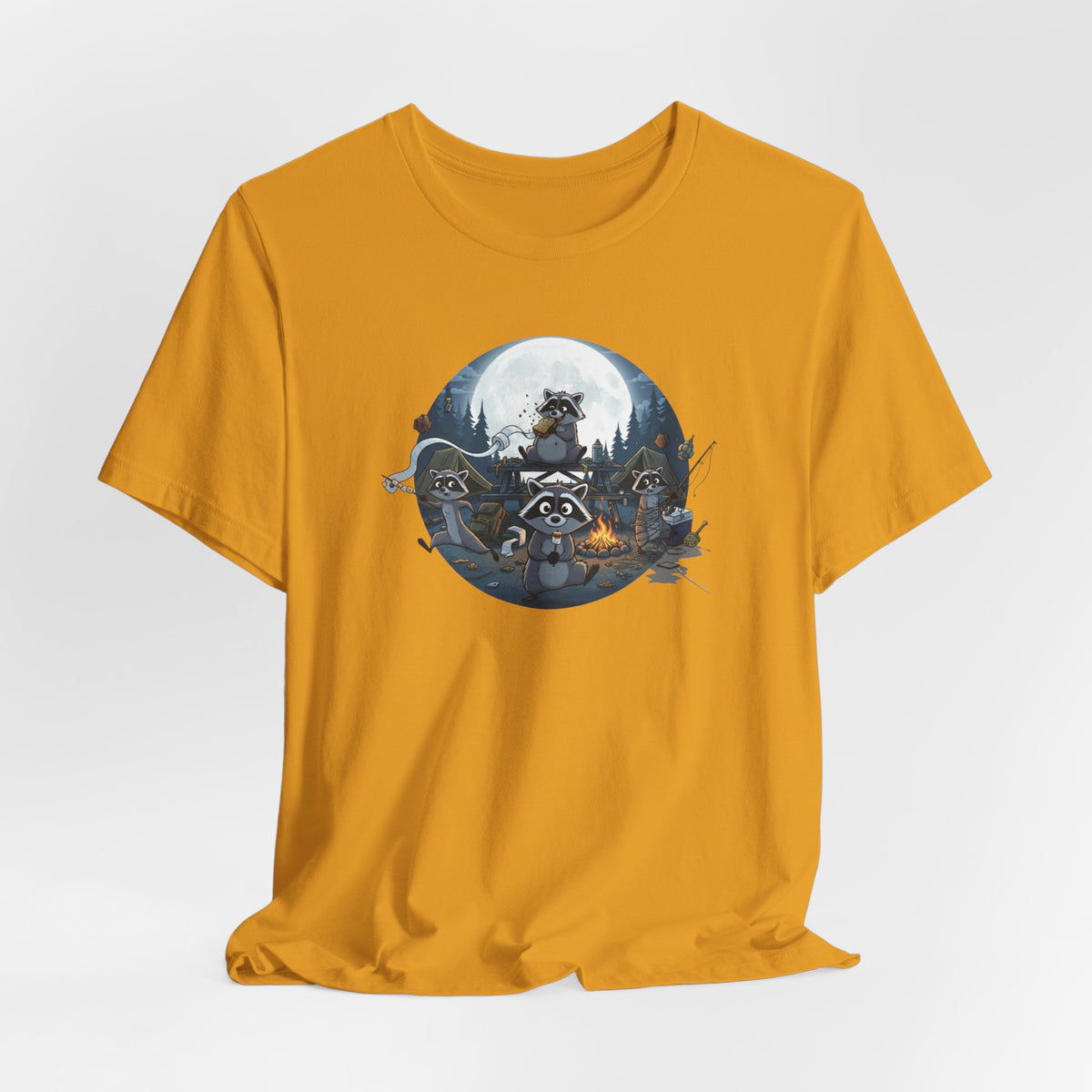 Moonlit Raccoon Camp Raiders Tee — Night Adventure Wildlife T-Shirt