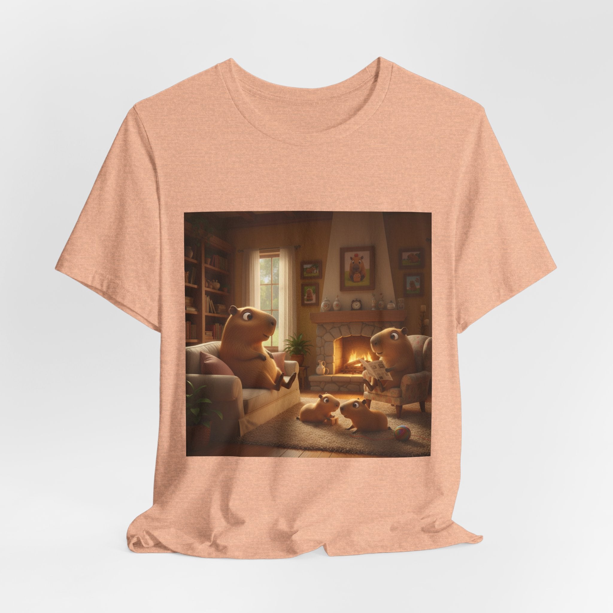 Capybara Family T‑Shirt — Warm Fireplace Family Home Scene Tee