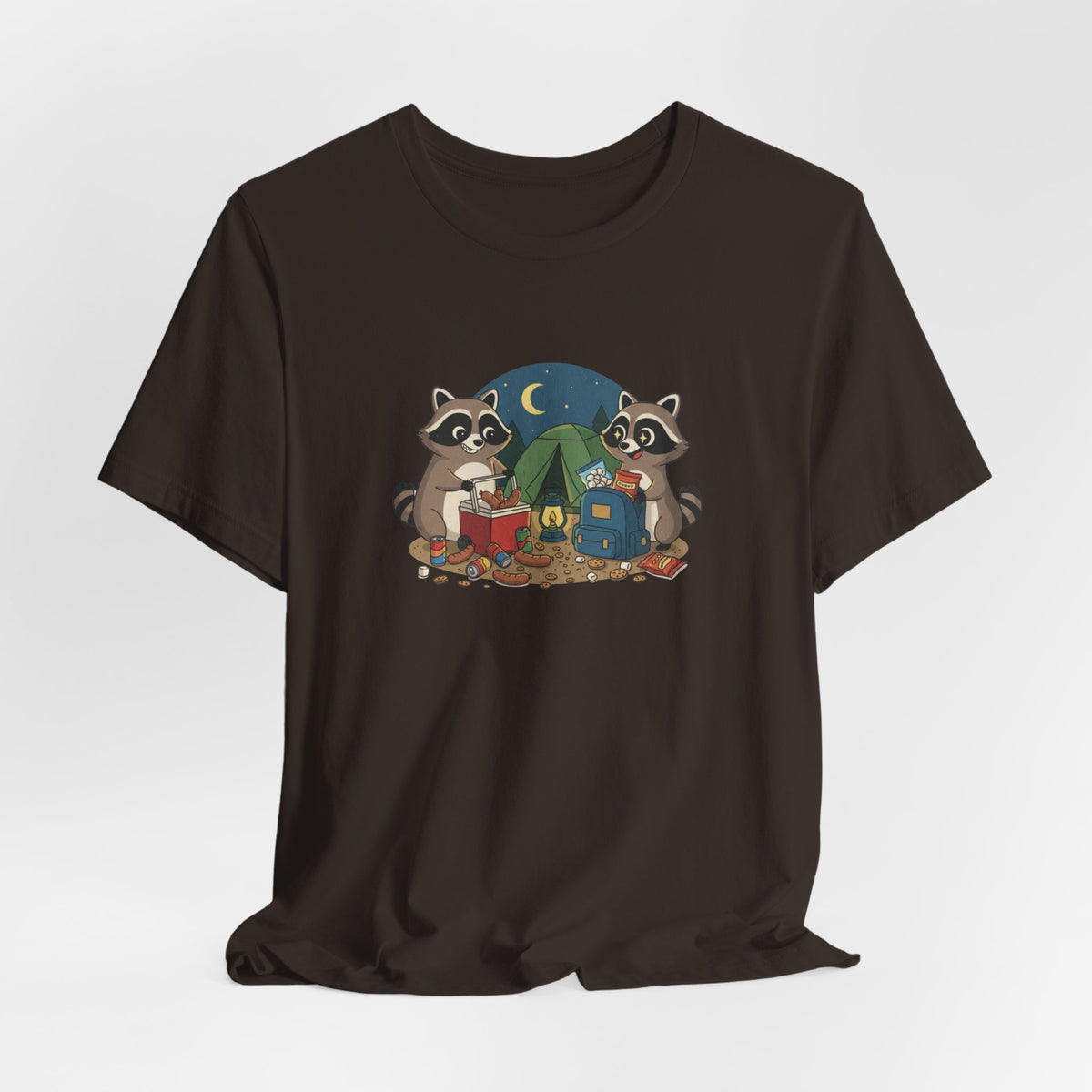 Camping Raccoons Graphic Tee – Cute Nighttime Tent & Marshmallow Illustration