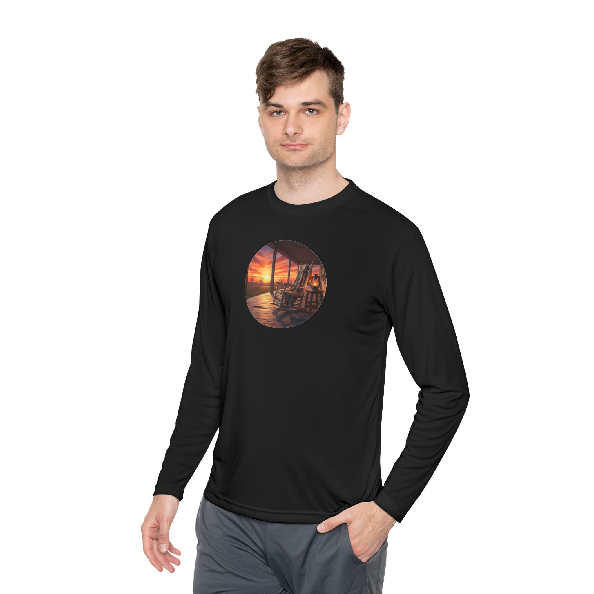 Sunset Porch Long Sleeve Tee — Coastal Beach Vibes Sunset Circle Graphic