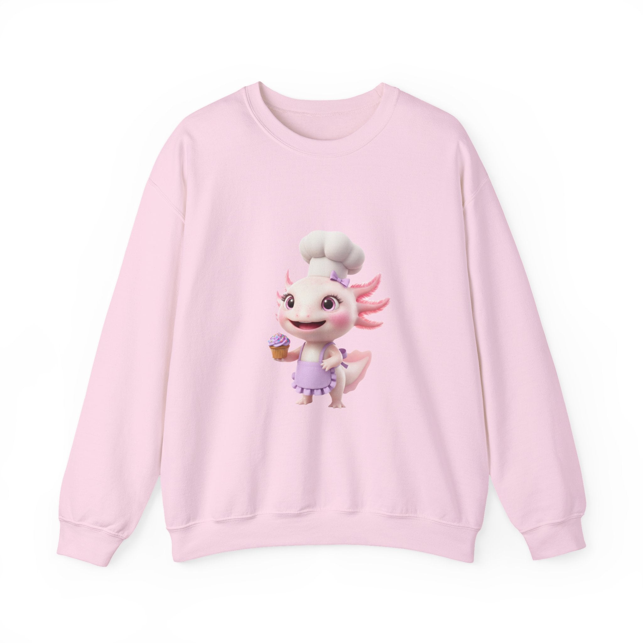 Axolotl Chef Girl Crewneck Sweatshirt — Cute Pink Axolotl Baking Design