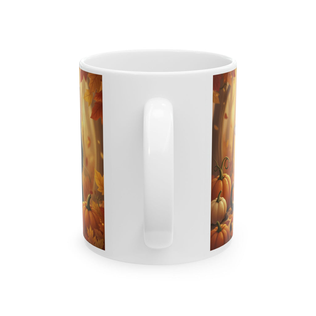 Autumn Pumpkin Cat Ceramic Mug — Fall Leaves Coffee Cup