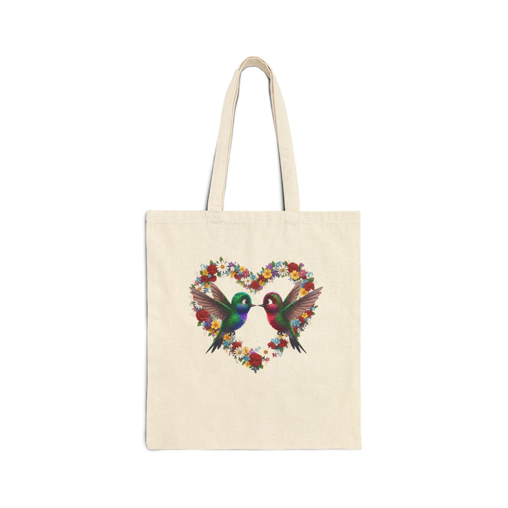 Tote Bag — Floral Hummingbird Heart Canvas Tote (Eco-Friendly Gift for Nature Lovers, Valentine's Day)