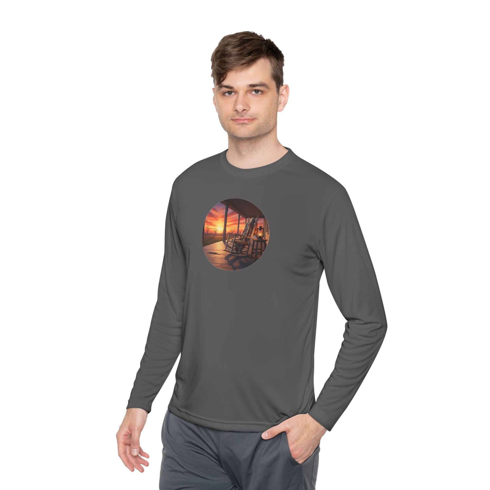 Sunset Porch Long Sleeve Tee — Coastal Beach Vibes Sunset Circle Graphic