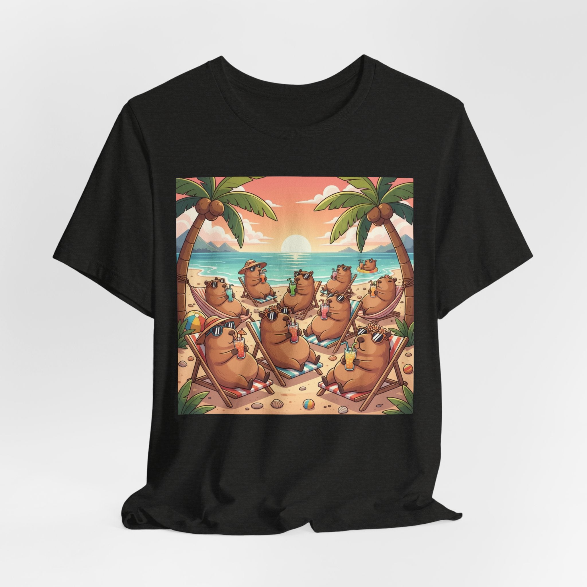 Capybaras on the Beach T-Shirt — Cute Sunset Palm Beachwear