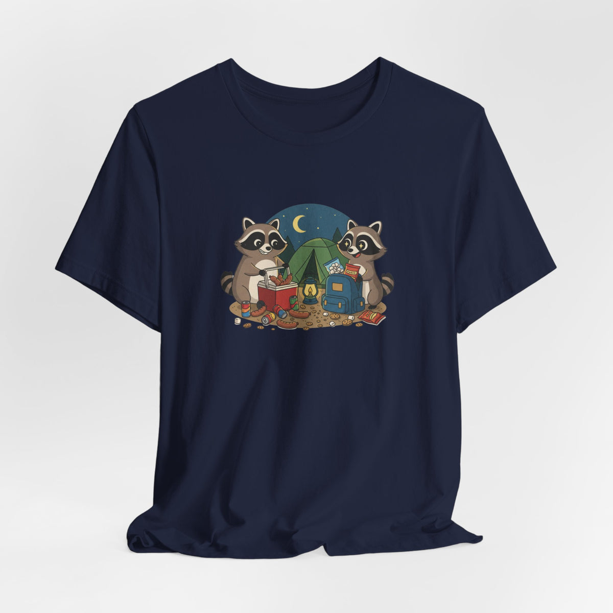 Camping Raccoons Graphic Tee – Cute Nighttime Tent & Marshmallow Illustration