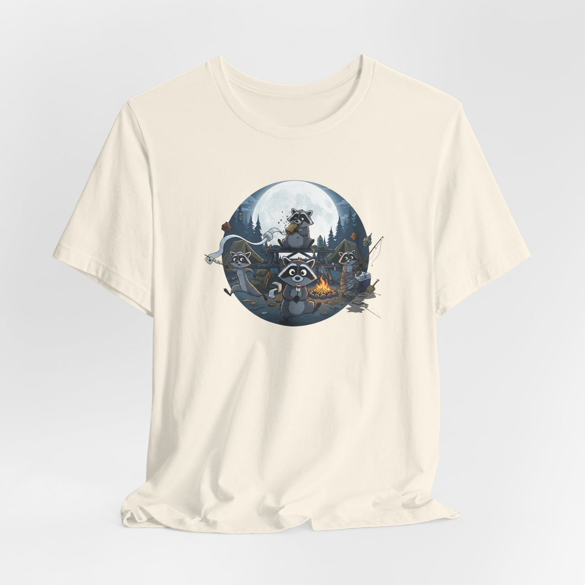 Moonlit Raccoon Camp Raiders Tee — Night Adventure Wildlife T-Shirt