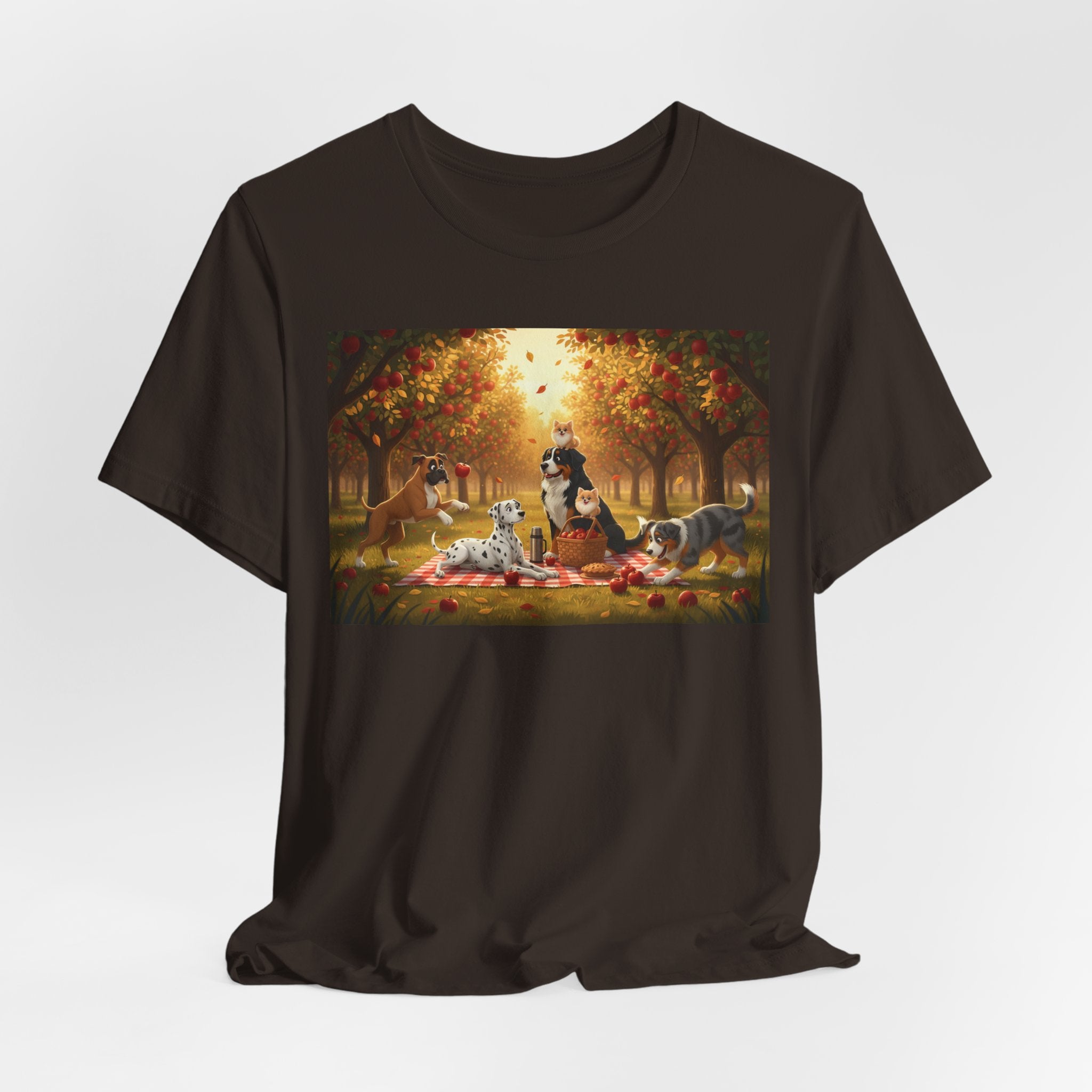 Dogs Autumn Picnic T‑Shirt — Cozy Fall Forest Canine Scene