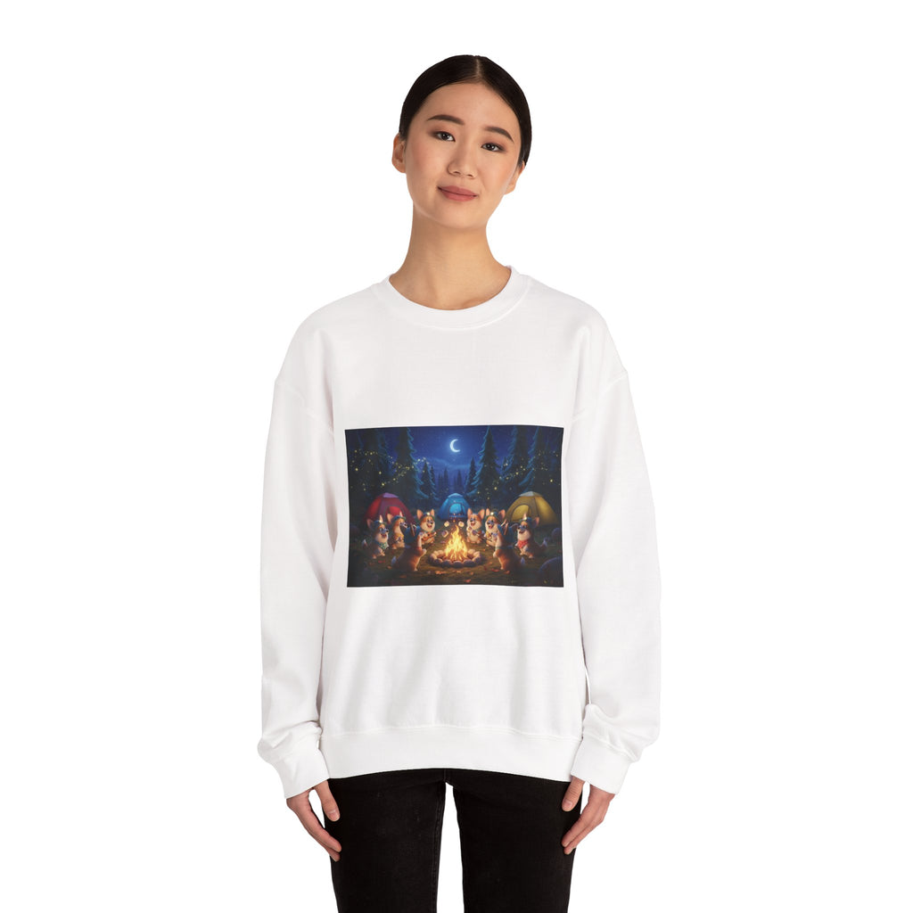 Camping Corgis Campfire Crewneck Sweatshirt – Night Forest Tents & Cozy Friends Design