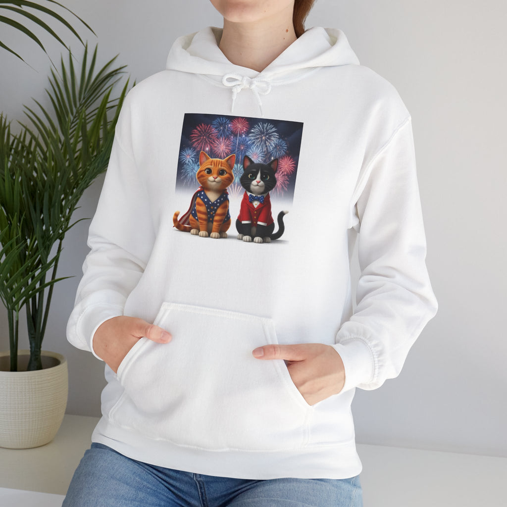 Cats Fireworks Hoodie — Patriotic Orange Tabby & Black Cat Illustration