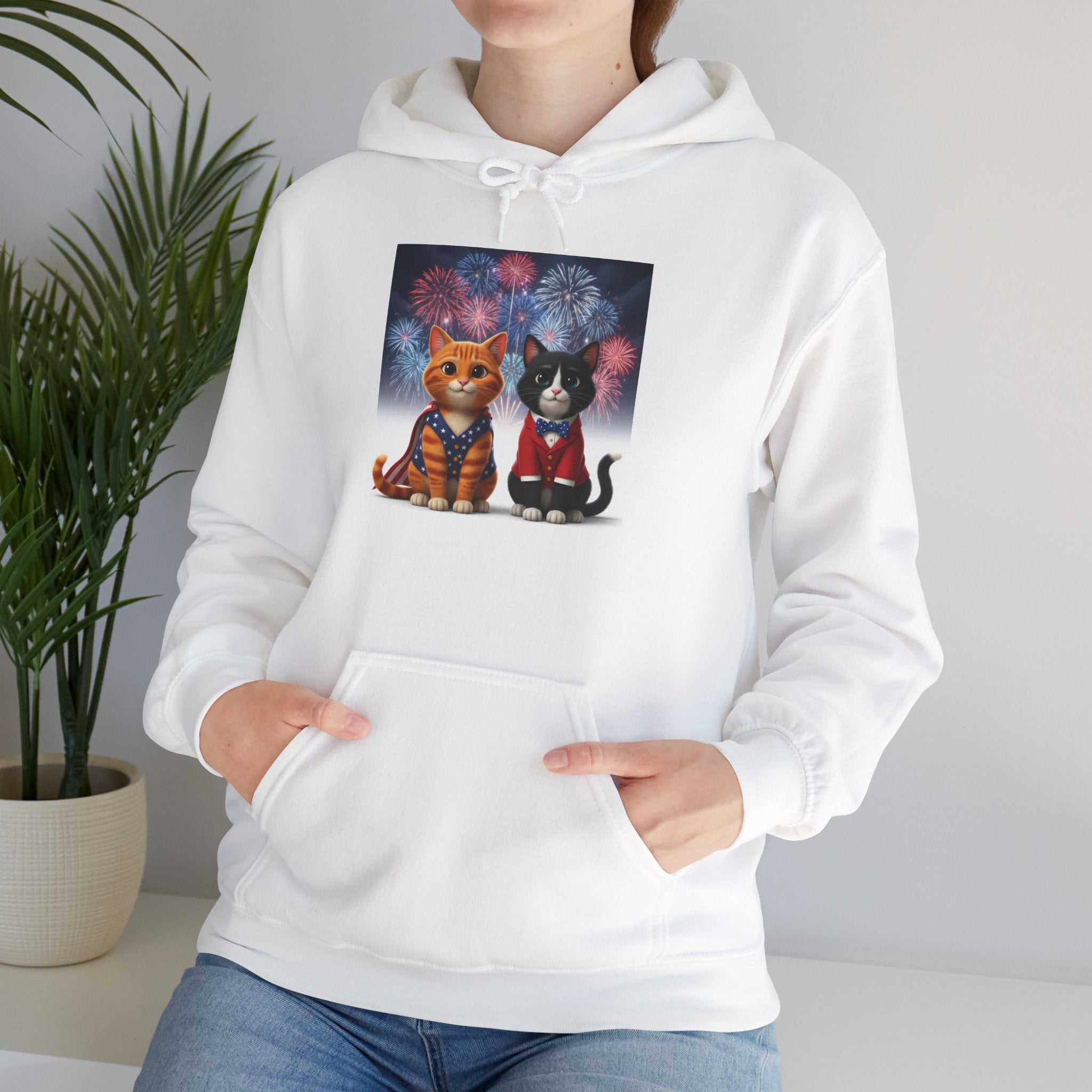 Cats Fireworks Hoodie — Patriotic Orange Tabby & Black Cat Illustration