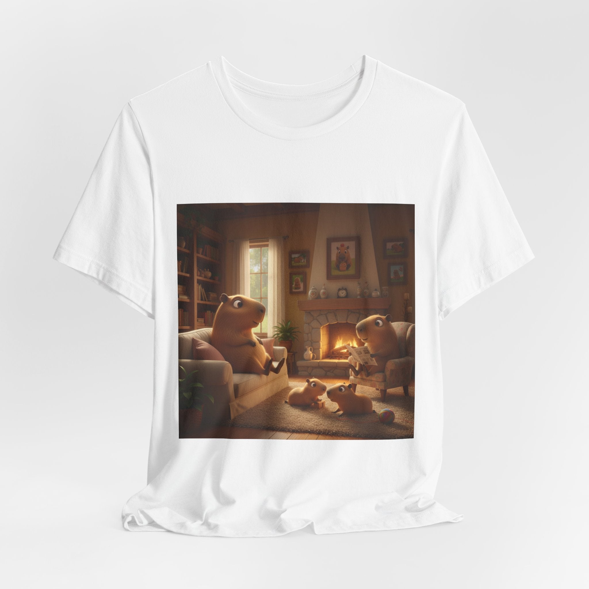 Capybara Family T‑Shirt — Warm Fireplace Family Home Scene Tee