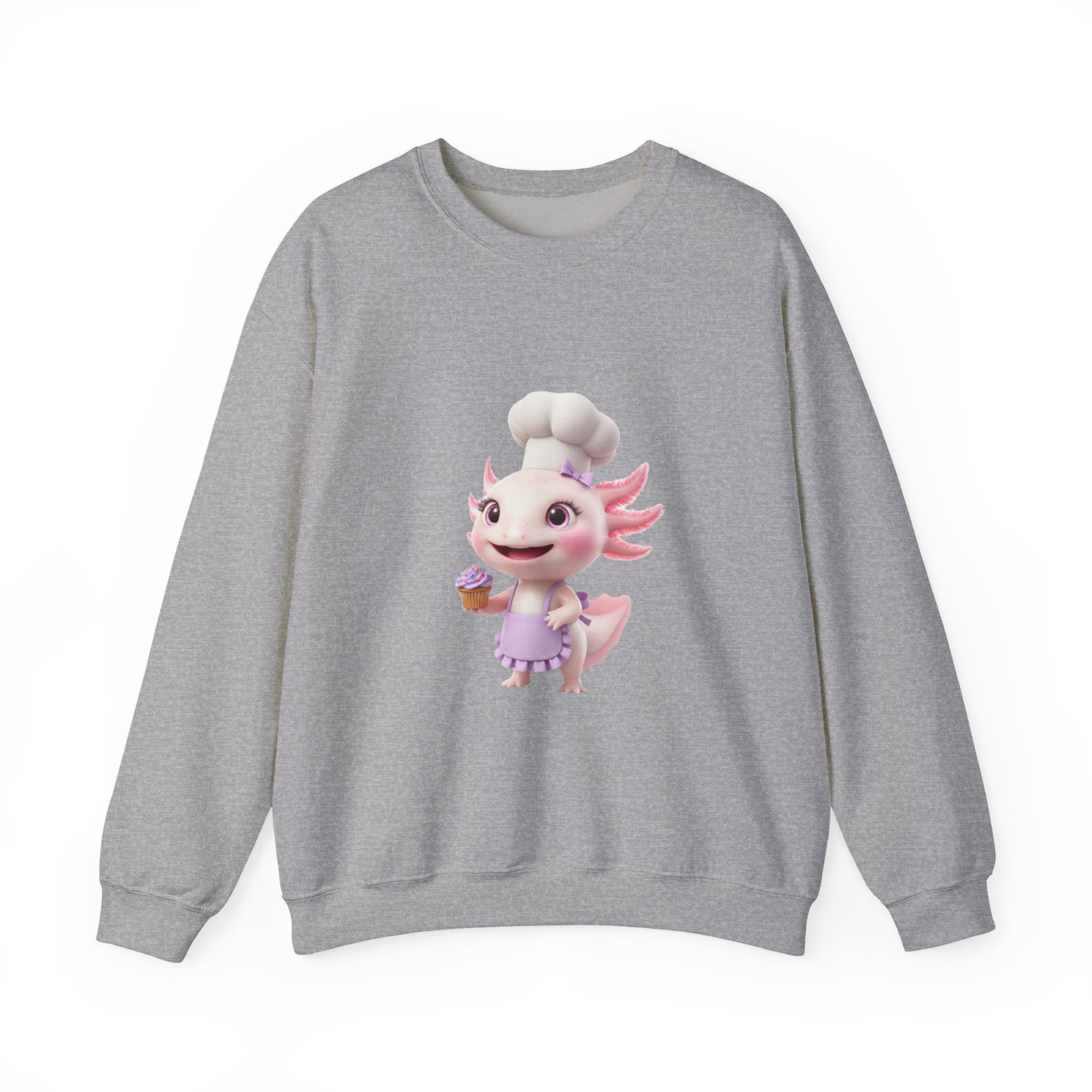 Axolotl Chef Girl Crewneck Sweatshirt — Cute Pink Axolotl Baking Design