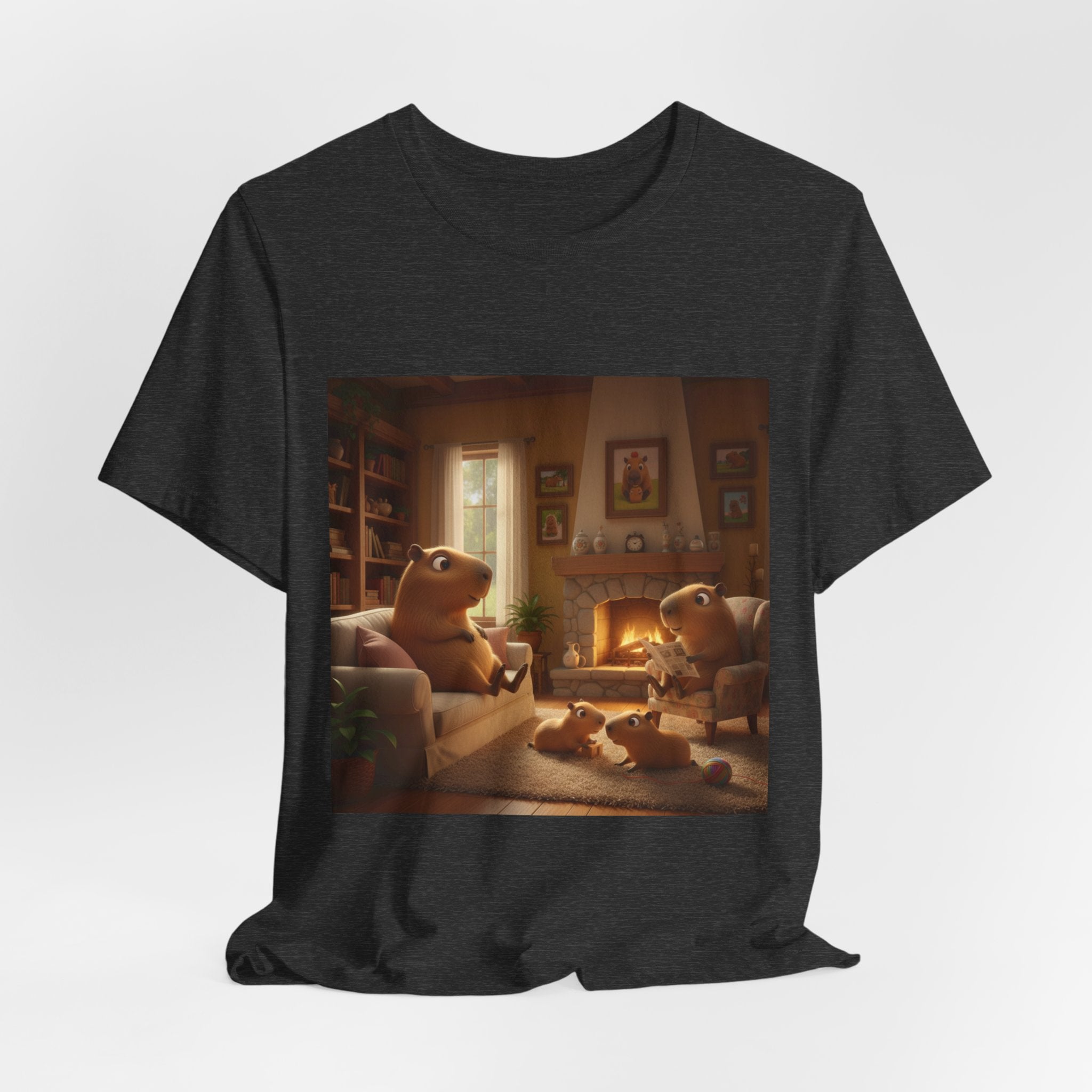 Capybara Family T‑Shirt — Warm Fireplace Family Home Scene Tee