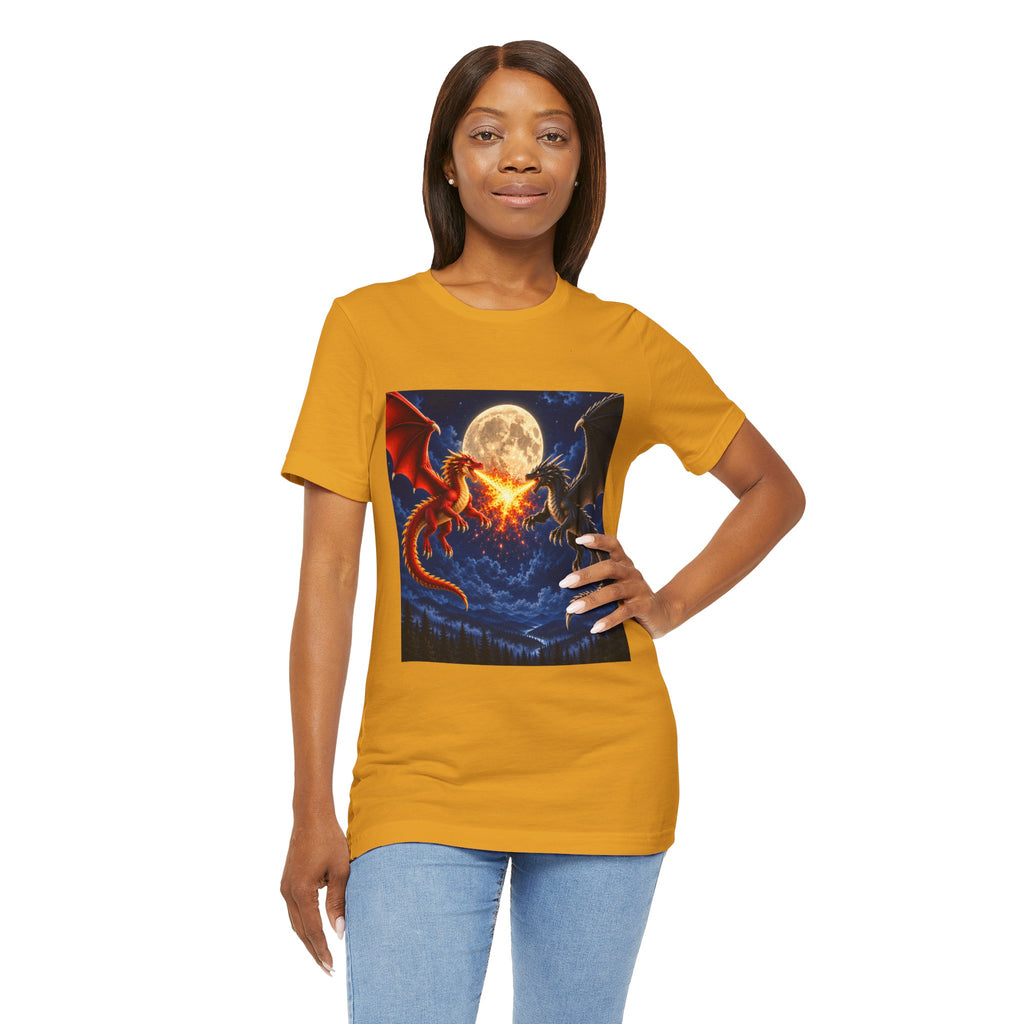 Dragon Duel Graphic Tee — Red vs Black Dragons Under Full Moon