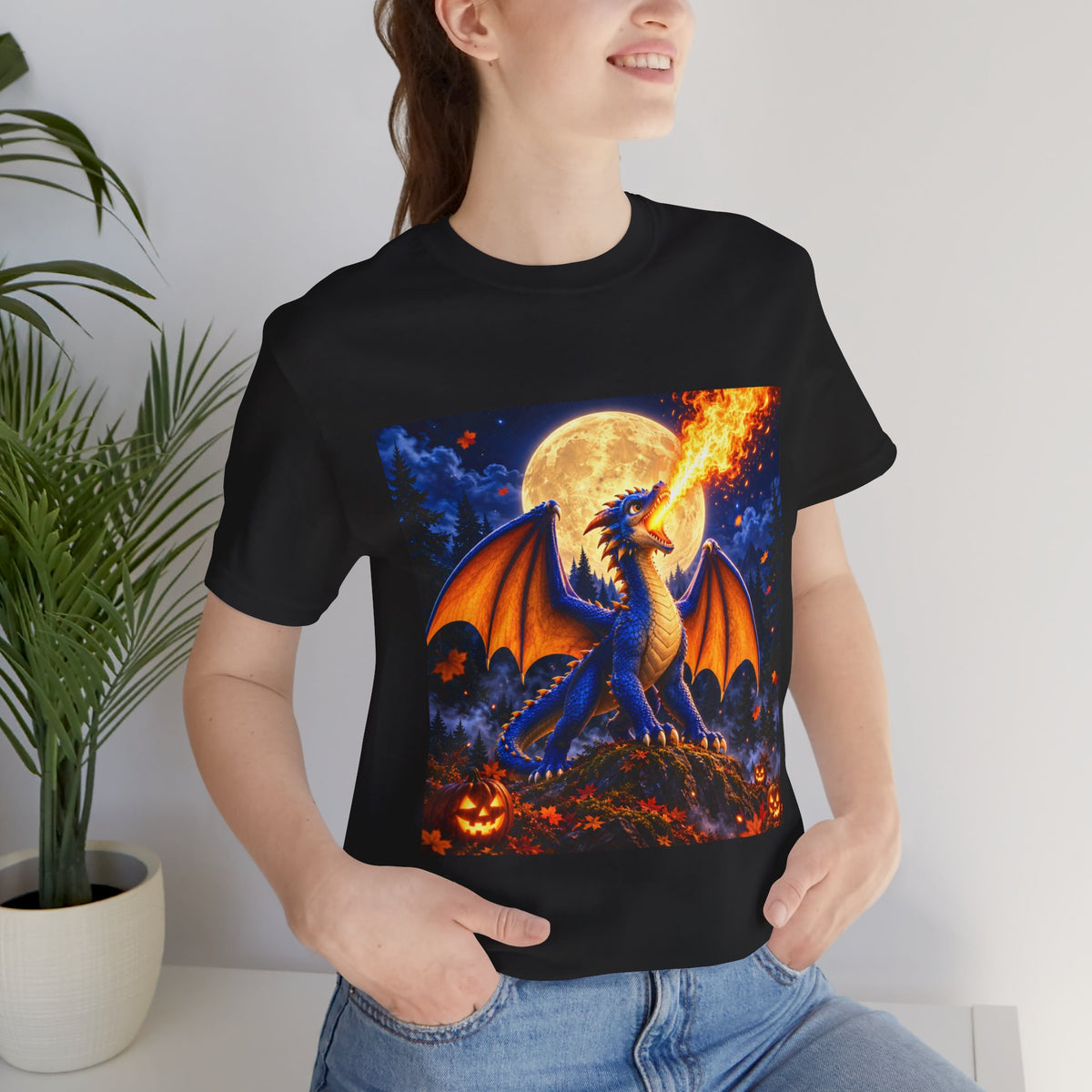 Dragon Fire Tee — Halloween Dragon T-Shirt with Full Moon & Pumpkins