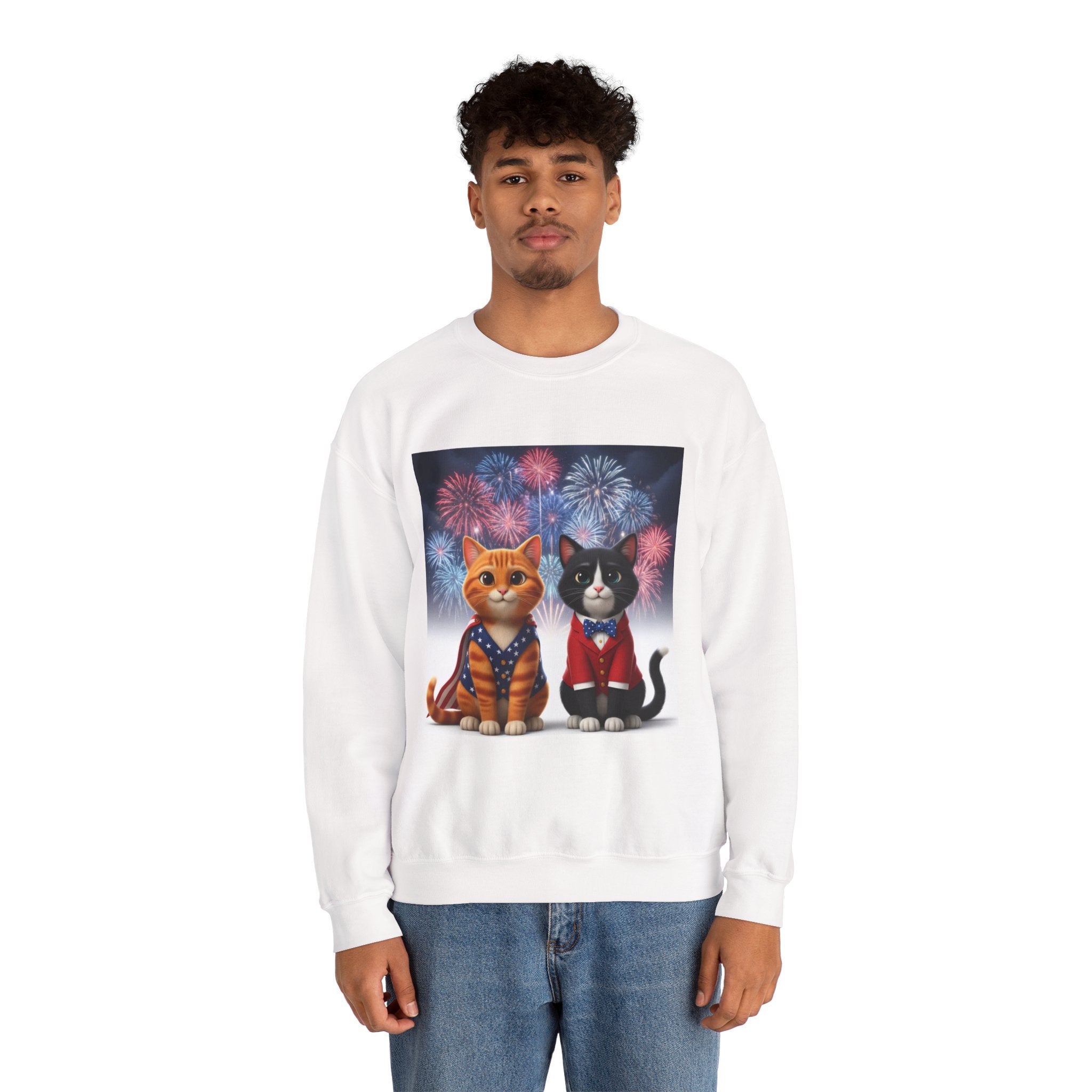 Patriotic Cats Sweatshirt — Two Kittens with Fireworks 4th of July Crewneck