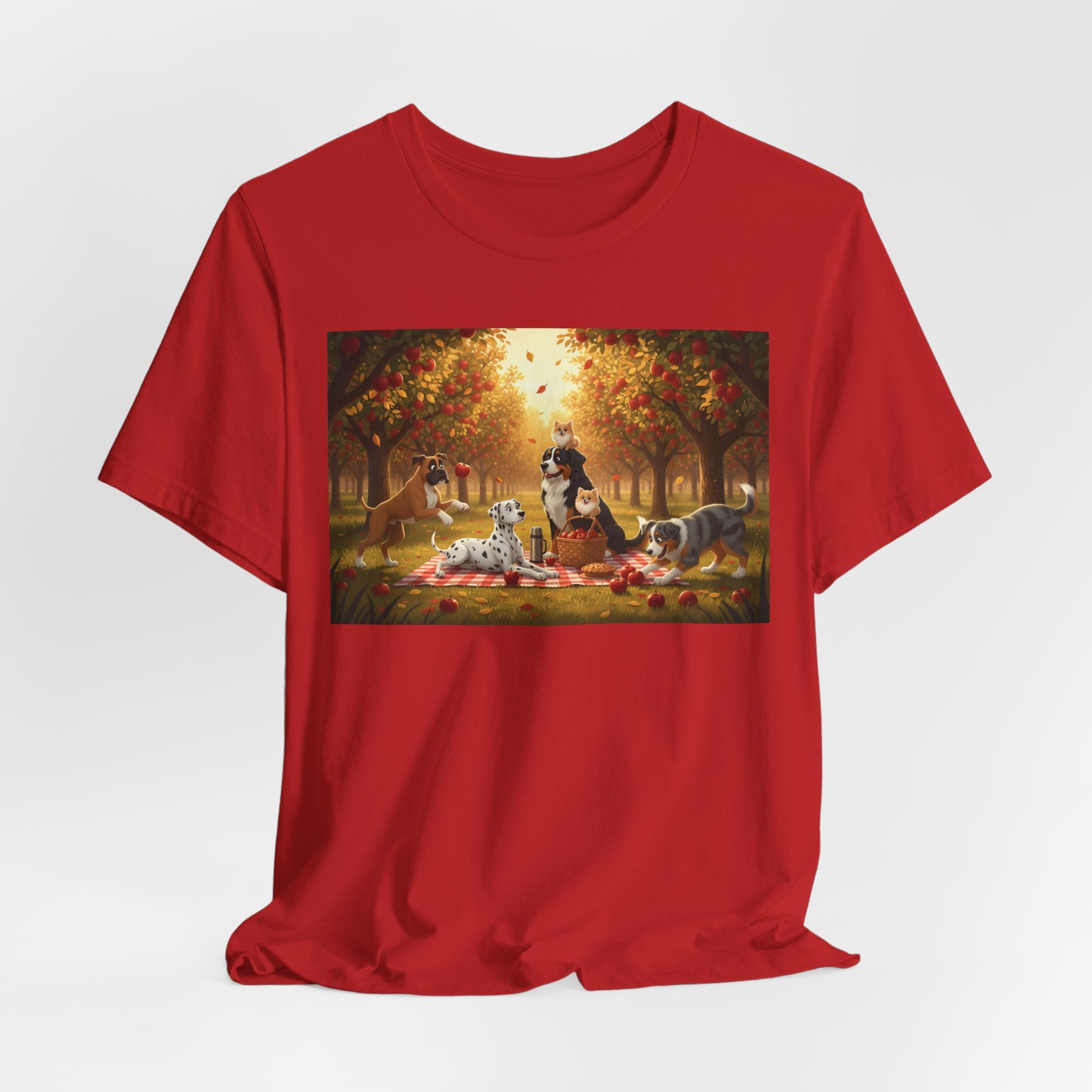 Dogs Autumn Picnic T‑Shirt — Cozy Fall Forest Canine Scene
