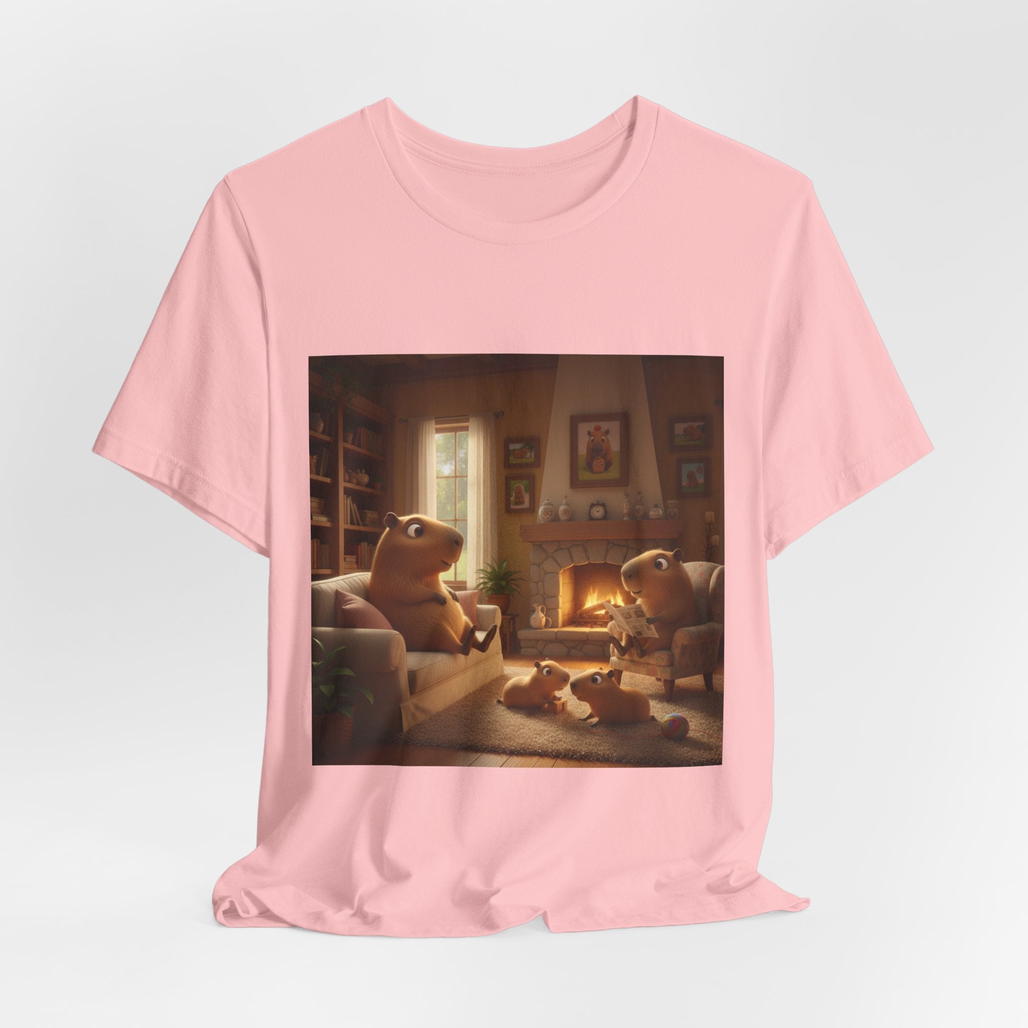 Capybara Family T‑Shirt — Warm Fireplace Family Home Scene Tee