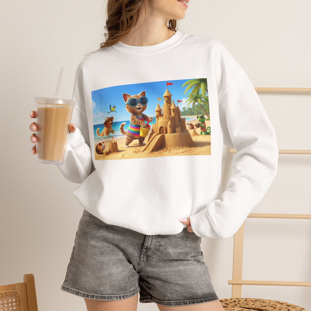 Beach Cat Sandcastle Sweatshirt — Cute Summer Cat Graphic Crewneck