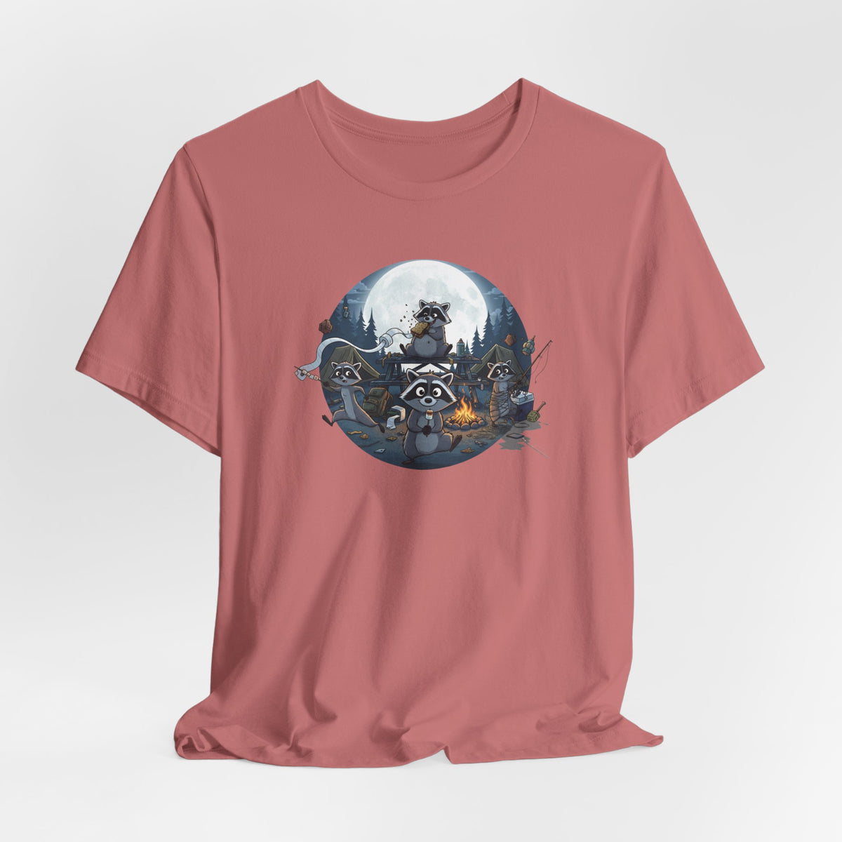 Moonlit Raccoon Camp Raiders Tee — Night Adventure Wildlife T-Shirt