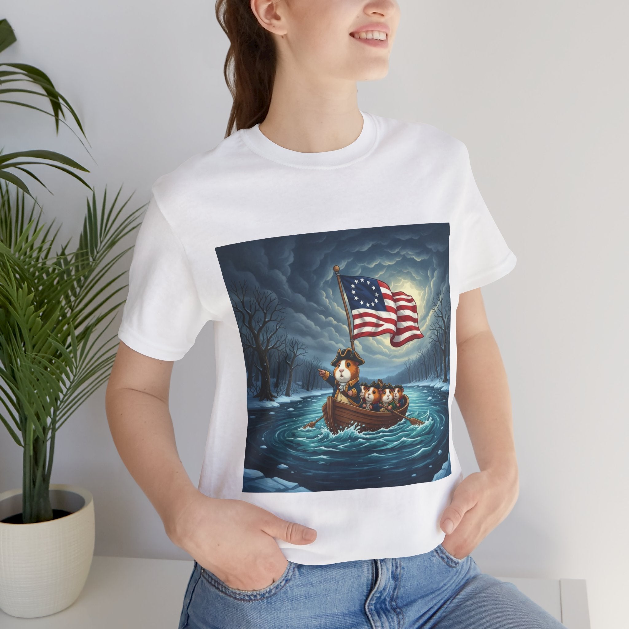 T-Shirt — Patriotic Boat Scene with Vintage American Flag