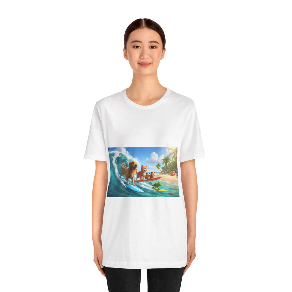 Surfing Dogs Beach Tee — Cute Puppy Wave Graphic T-Shirt