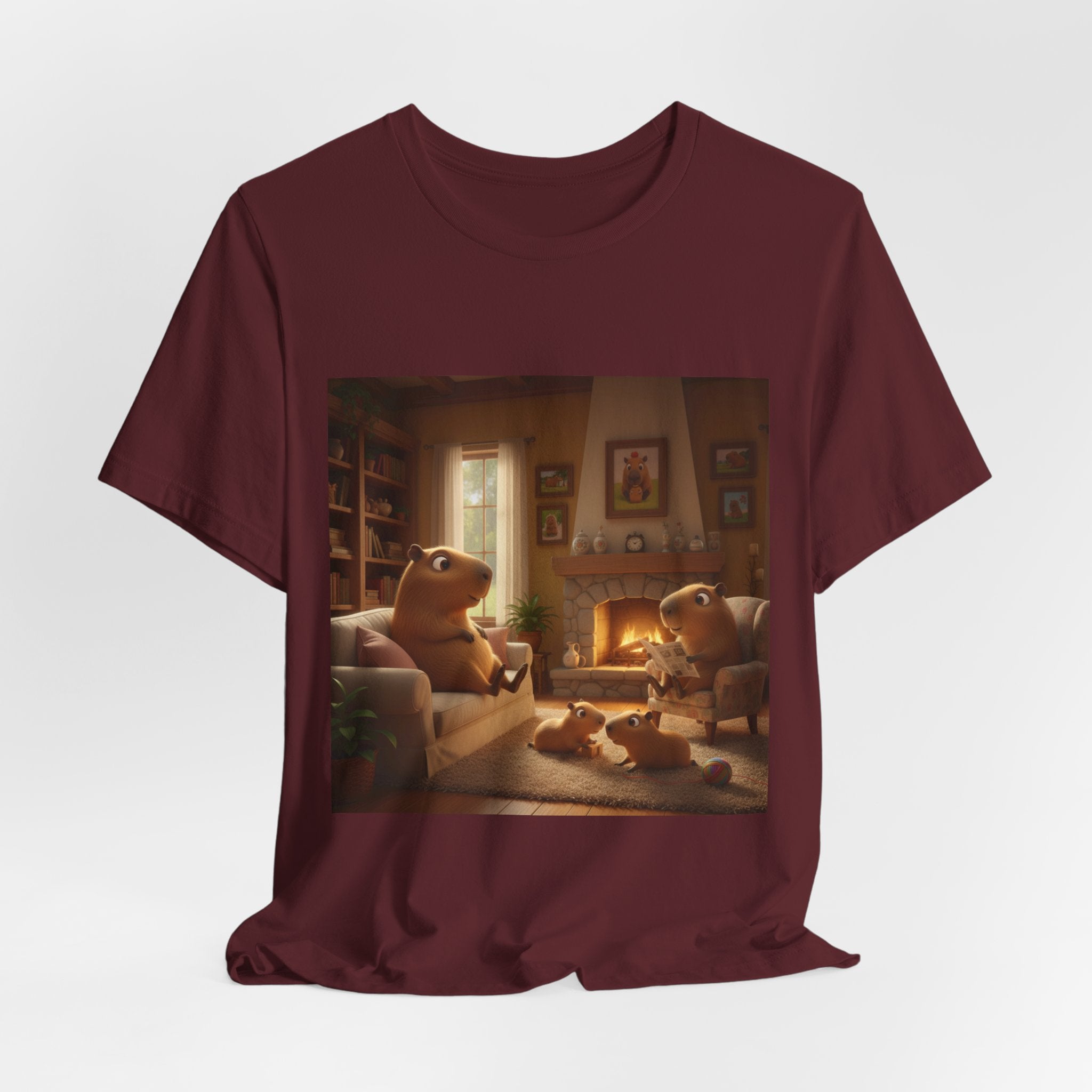 Capybara Family T‑Shirt — Warm Fireplace Family Home Scene Tee