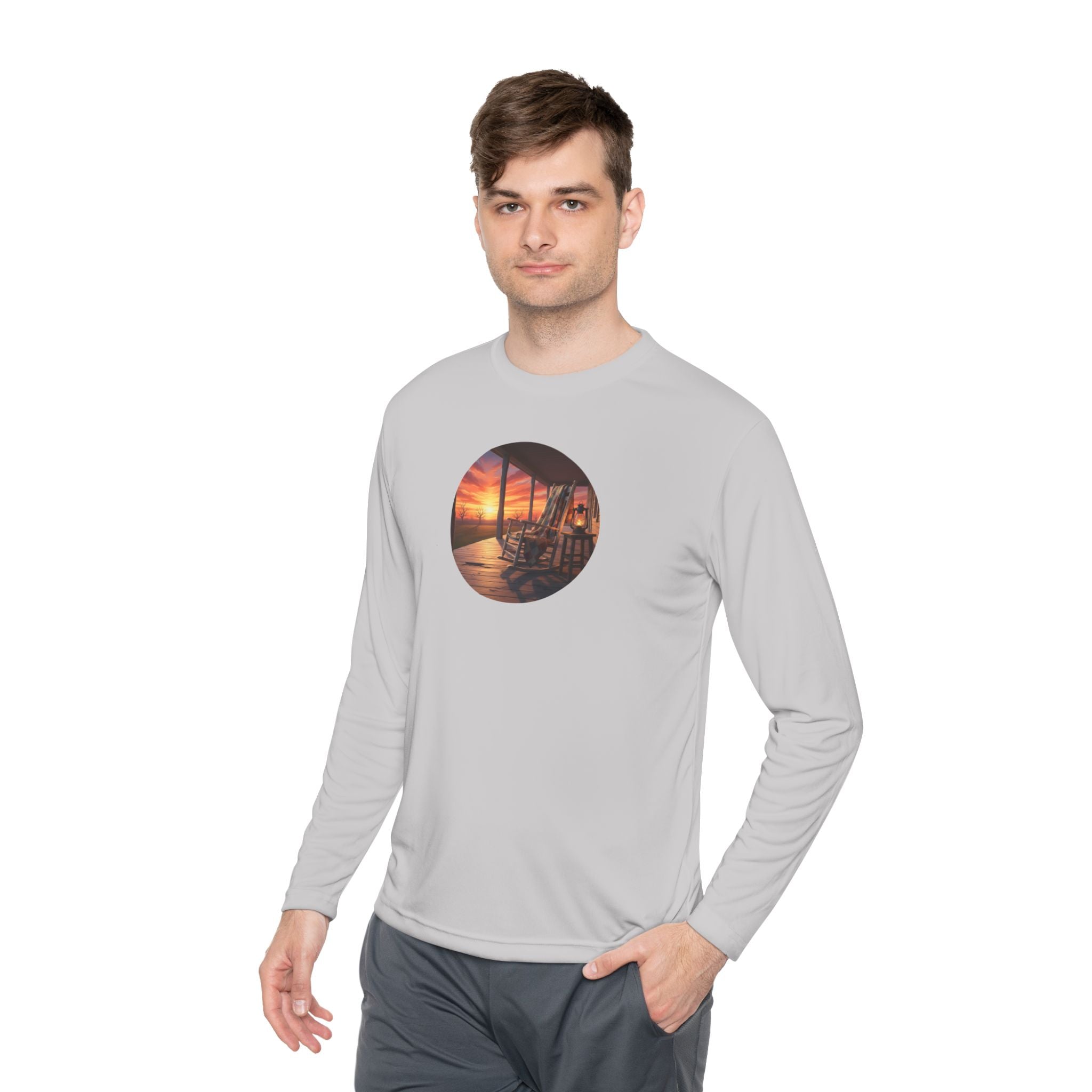 Sunset Porch Long Sleeve Tee — Coastal Beach Vibes Sunset Circle Graphic