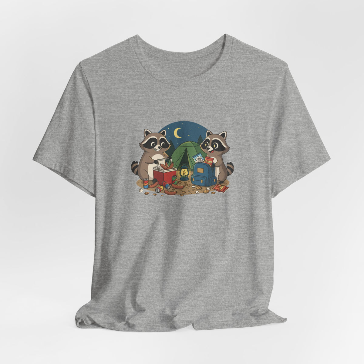 Camping Raccoons Graphic Tee – Cute Nighttime Tent & Marshmallow Illustration
