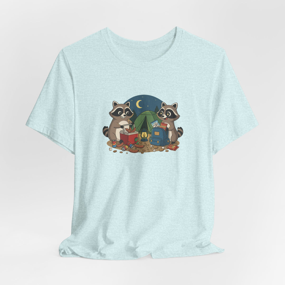 Camping Raccoons Graphic Tee – Cute Nighttime Tent & Marshmallow Illustration
