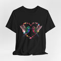 Hummingbird Heart Tee — Colorful Twin Hummingbirds & Floral Heart Graphic