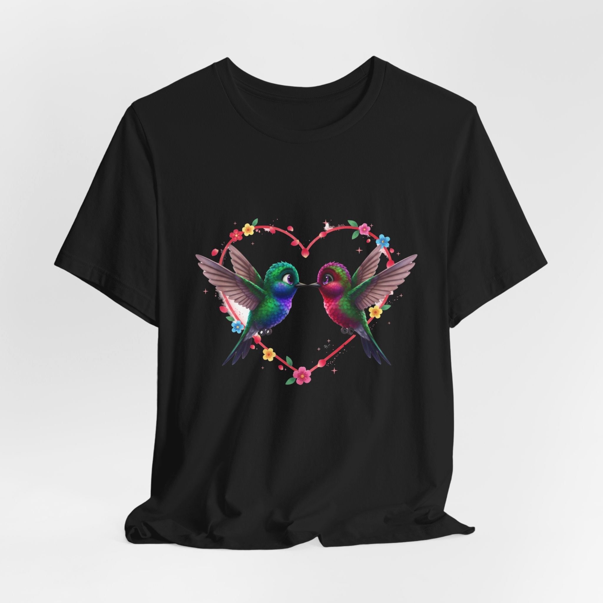 Hummingbird Heart Tee — Colorful Twin Hummingbirds & Floral Heart Graphic