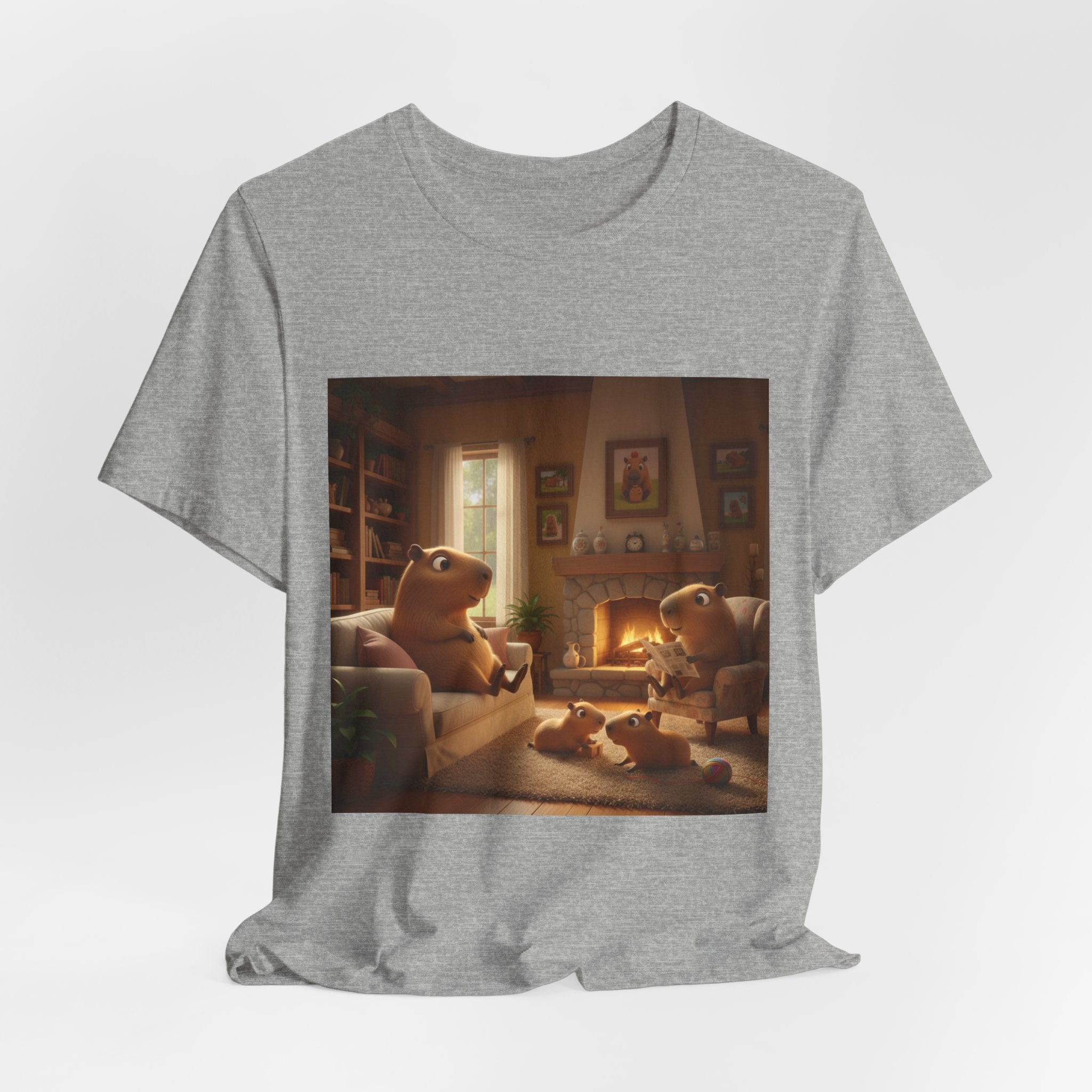 Capybara Family T‑Shirt — Warm Fireplace Family Home Scene Tee