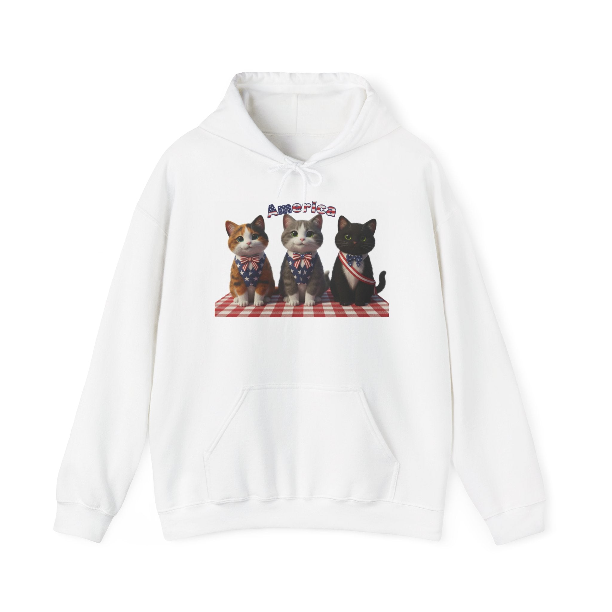 Patriotic Kittens Hoodie — 'America' Trio on Picnic Blanket