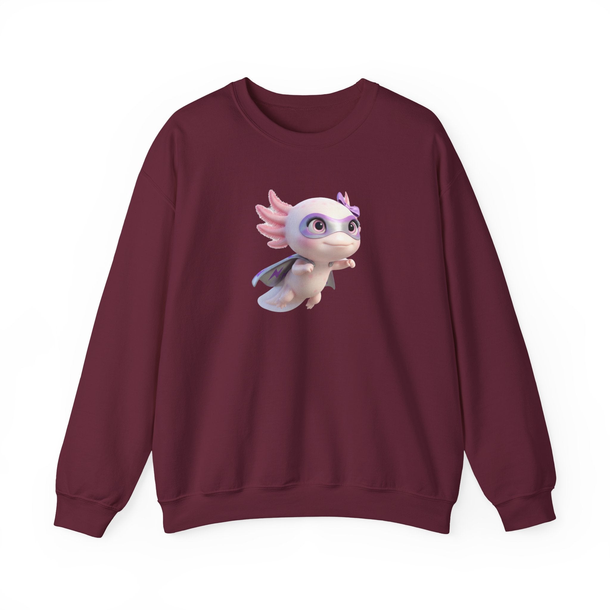 Axolotl Superhero Girl Flying Crewneck Sweatshirt — Cute Pastel Axolotl Design
