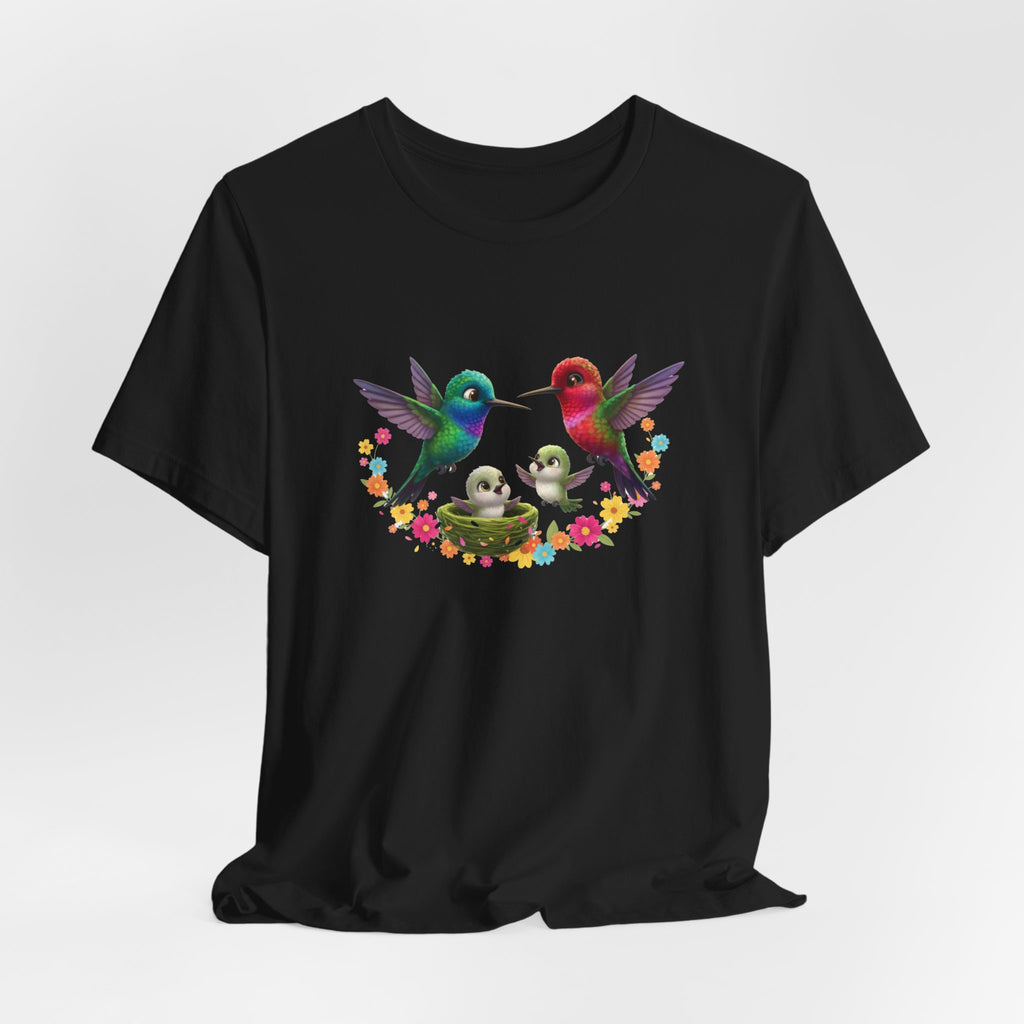 Hummingbird Family Tee — Colorful Mom, Dad & Baby Nest Floral T-Shirt
