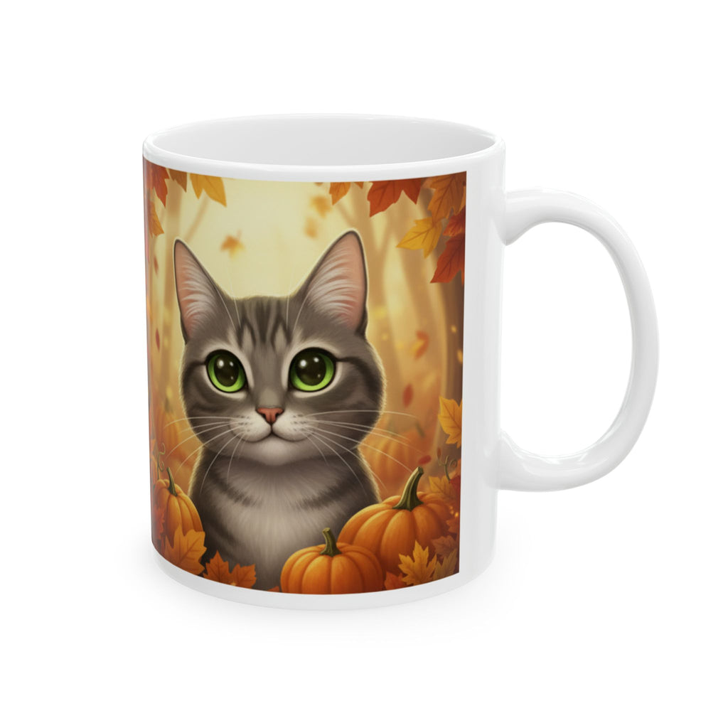 Autumn Pumpkin Cat Ceramic Mug — Fall Leaves Coffee Cup